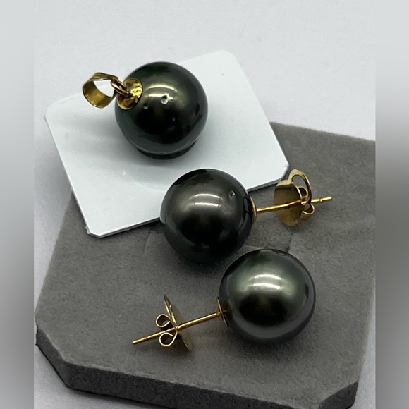 12.8mm South Sea Pearl Tahitian Blk Stud Earrings  with 13.2mm Pendant  … - Picture 6 of 15